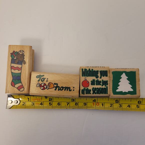 Christmas Lot Of 4 Stamps Wood/Rubber Tree Stocking To/From Pre-Owned - Picture 13 of 13